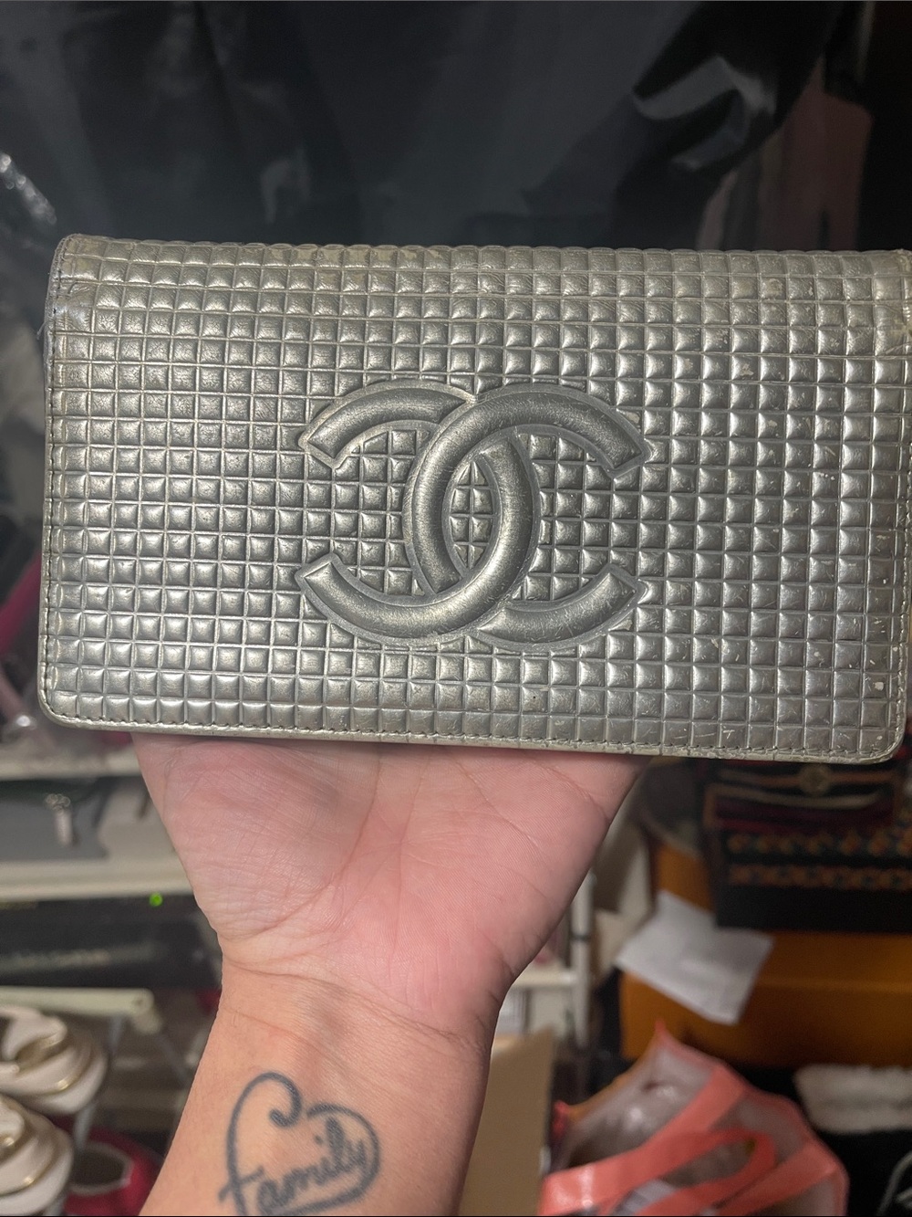 CHANEL Metallic Silver Quilted CC Card Case